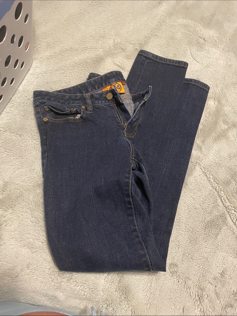 Tory Burch Dark Indigo Straight-Leg Jeans with Gold Button - Picture 2 of 5